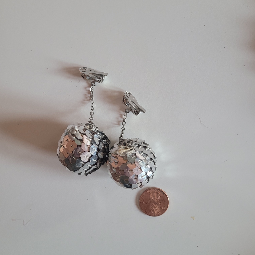 Silver Sequin Ball Drop Clip-On Earrings